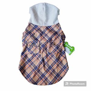 Wag-a-Tude Dog Flannel Hoodie Size M Brown Blue Plaid Shirt Pockets Warm NEW